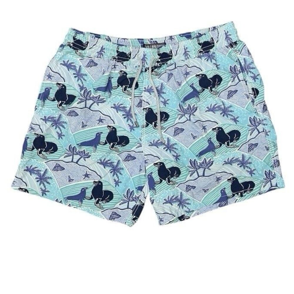 Vilebrequin Swim Shorts Trunks Men XXL Tropical Seal Print Blue Green Lined
